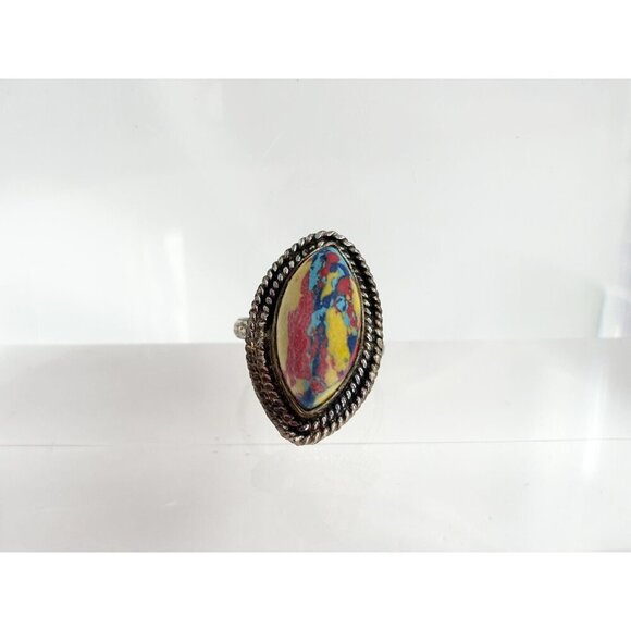 Rainbow Mosaic Jasper Stone Sterling Silver Vintage Southwest Ring - sz 5.75 - Picture 2 of 10